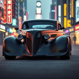 An extraordinary supercar design that elegantly fuses the satin black aesthetic of a 1935 Chevrolet standard sedan with a custom hood featuring a widebody style and avant-garde futuristic elements inspired by BMW