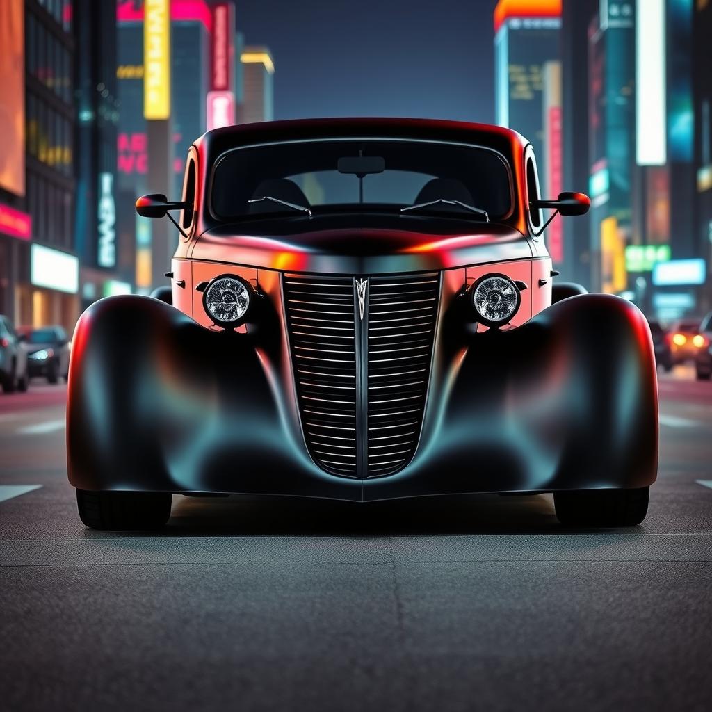 An extraordinary supercar design that elegantly fuses the satin black aesthetic of a 1935 Chevrolet standard sedan with a custom hood featuring a widebody style and avant-garde futuristic elements inspired by BMW