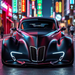 An extraordinary supercar design that elegantly fuses the satin black aesthetic of a 1935 Chevrolet standard sedan with a custom hood featuring a widebody style and avant-garde futuristic elements inspired by BMW