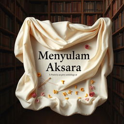 A book cover design for a poetry anthology titled 'Menyulam Aksara'