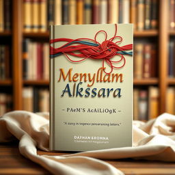 A book cover design for a poetry anthology titled 'Menyulam Aksara', combining the essence of weaving (menyulam) with letters (aksara)