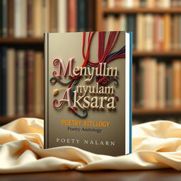 A book cover design for a poetry anthology titled 'Menyulam Aksara', combining the essence of weaving (menyulam) with letters (aksara)