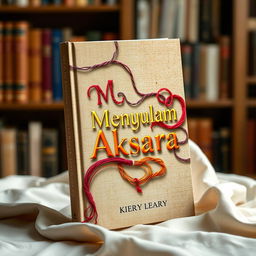 A book cover design for a poetry anthology titled 'Menyulam Aksara', combining the essence of weaving (menyulam) with letters (aksara)