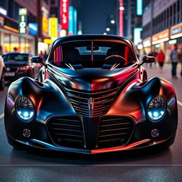 An exotic supercar design that seamlessly integrates the classic silhouette of a satin black 1939 Chevrolet coupe with a bespoke widebody custom hood and cutting-edge avant-garde elements inspired by BMW