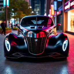 An exotic supercar design that seamlessly integrates the classic silhouette of a satin black 1939 Chevrolet coupe with a bespoke widebody custom hood and cutting-edge avant-garde elements inspired by BMW