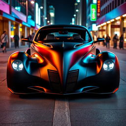 An exotic supercar design that seamlessly integrates the classic silhouette of a satin black 1939 Chevrolet coupe with a bespoke widebody custom hood and cutting-edge avant-garde elements inspired by BMW