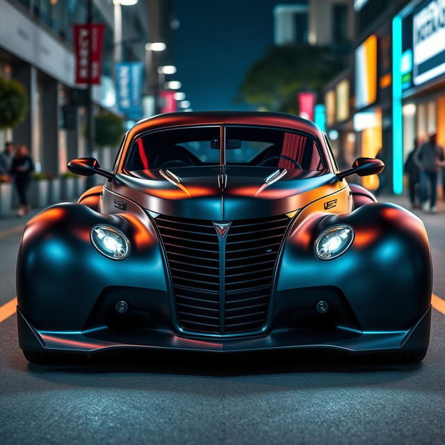 An exotic supercar design that seamlessly integrates the classic silhouette of a satin black 1939 Chevrolet coupe with a bespoke widebody custom hood and cutting-edge avant-garde elements inspired by BMW