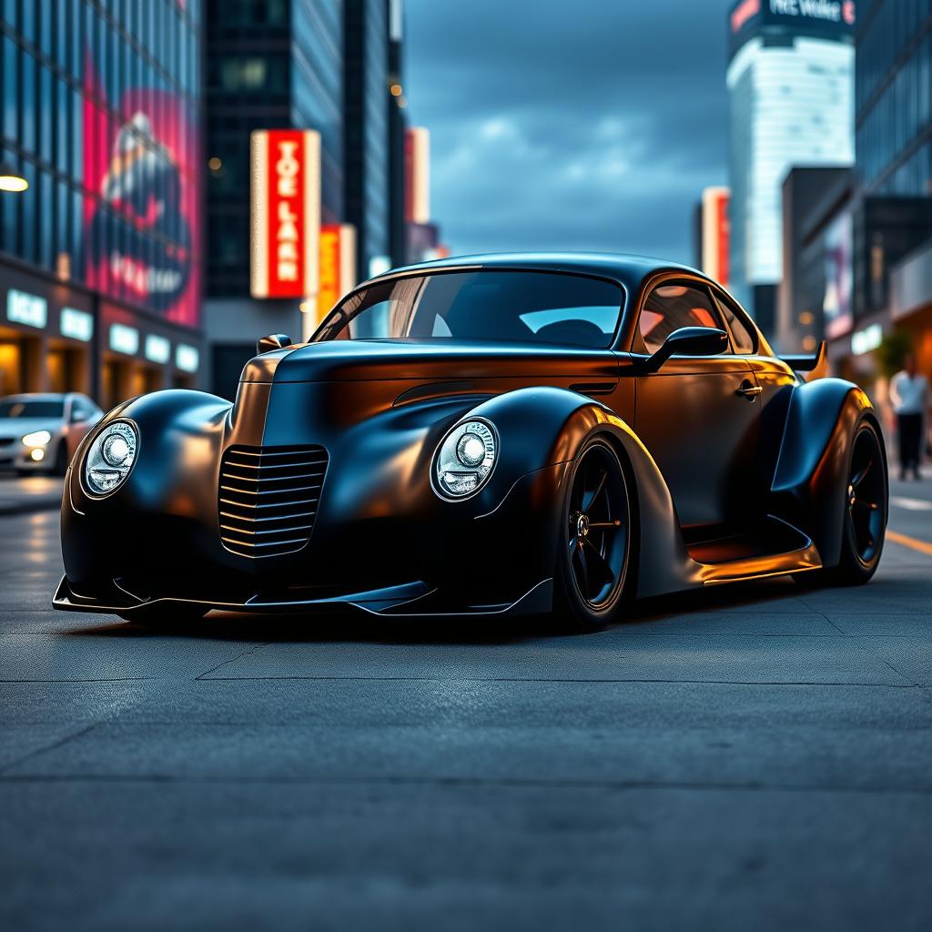 An exotic supercar creation that merges the classic satin black 1939 Chevrolet coupe with a bold widebody style and cutting-edge futuristic elements inspired by BMW's avant-garde design