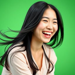 An Asian woman laughing joyfully, her eyes sparkling with happiness