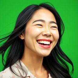 An Asian woman laughing joyfully, her eyes sparkling with happiness