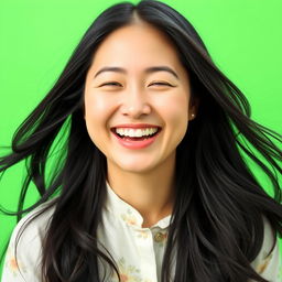 An Asian woman laughing joyfully, her eyes sparkling with happiness