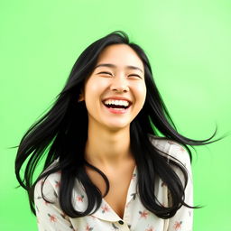 An Asian woman laughing joyfully, her eyes sparkling with happiness