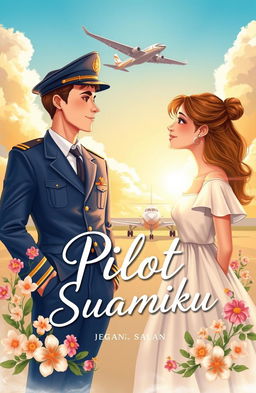 A captivating book cover illustration for the title 'Pilot Itu Suamiku' featuring a romantic scene between a charming pilot and a beautiful woman