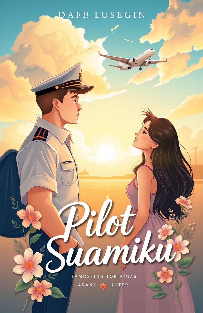 A captivating book cover illustration for the title 'Pilot Itu Suamiku' featuring a romantic scene between a charming pilot and a beautiful woman