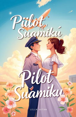 A captivating book cover illustration for the title 'Pilot Itu Suamiku' featuring a romantic scene between a charming pilot and a beautiful woman