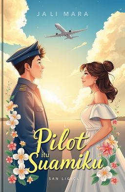 A captivating book cover illustration for the title 'Pilot Itu Suamiku' featuring a romantic scene between a charming pilot and a beautiful woman