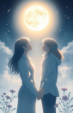 Two figures standing face to face under the moonlight, creating a romantic and hopeful atmosphere