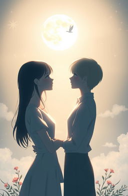 Two figures standing face to face under the moonlight, creating a romantic and hopeful atmosphere