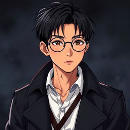 A young Asian man with deeper brown skin and straight black hair, wearing round glasses