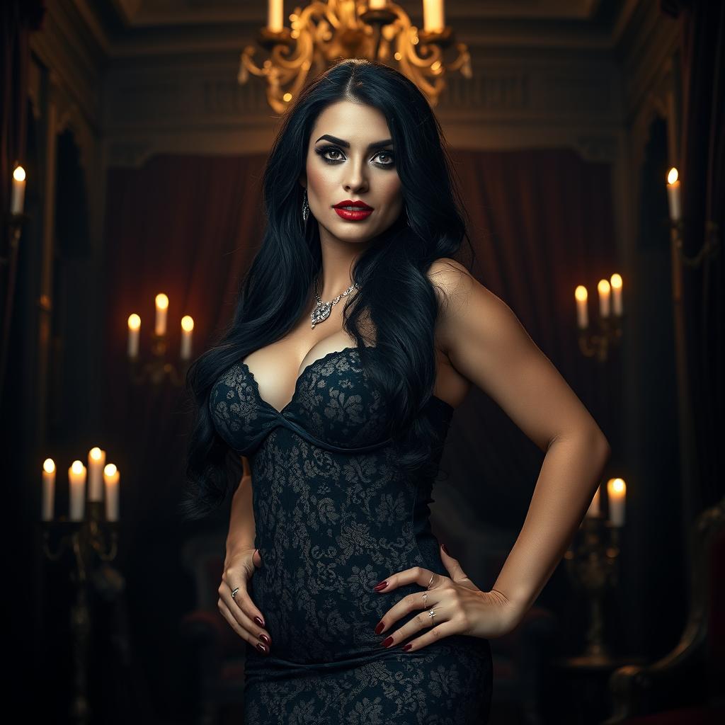 A sultry gothic woman with voluptuous curves, featuring long dark hair and striking makeup, wearing a form-fitting black lace dress that highlights her figure