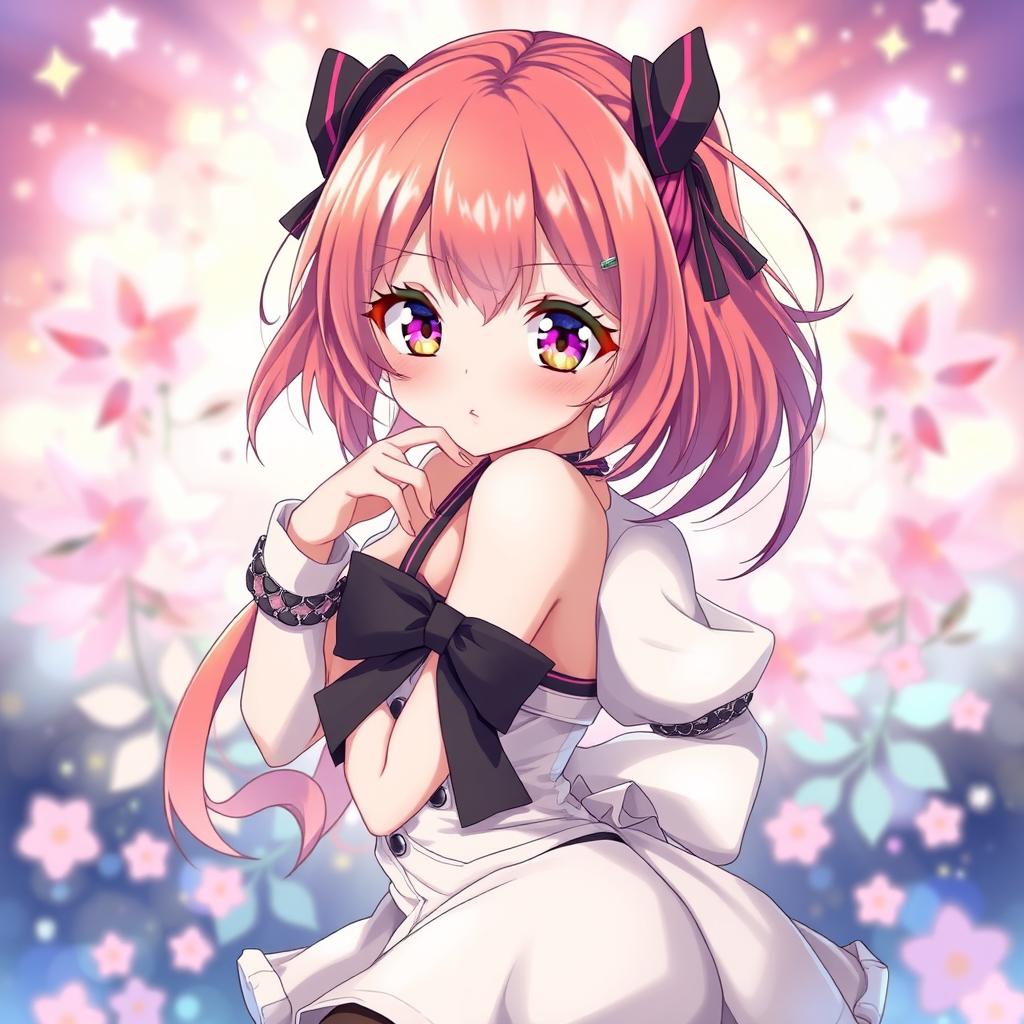 A stunningly beautiful anime-style character, characterized by large expressive eyes, vibrant hair in a striking color, and an alluring outfit that combines elegance with a hint of playfulness