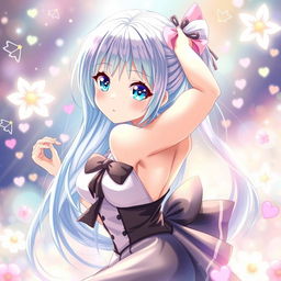 A stunningly beautiful anime-style character, characterized by large expressive eyes, vibrant hair in a striking color, and an alluring outfit that combines elegance with a hint of playfulness