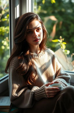 A young woman with an introspective expression, sitting by a window with soft, dappled sunlight casting gentle shadows on her face