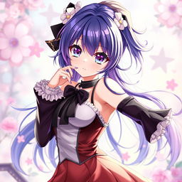 A stunningly beautiful anime-style character, characterized by large expressive eyes, vibrant hair in a striking color, and an alluring outfit that combines elegance with a hint of playfulness