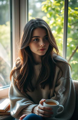 A young woman with an introspective expression, sitting by a window with soft, dappled sunlight casting gentle shadows on her face