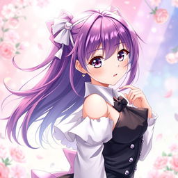 A stunningly beautiful anime-style character, characterized by large expressive eyes, vibrant hair in a striking color, and an alluring outfit that combines elegance with a hint of playfulness