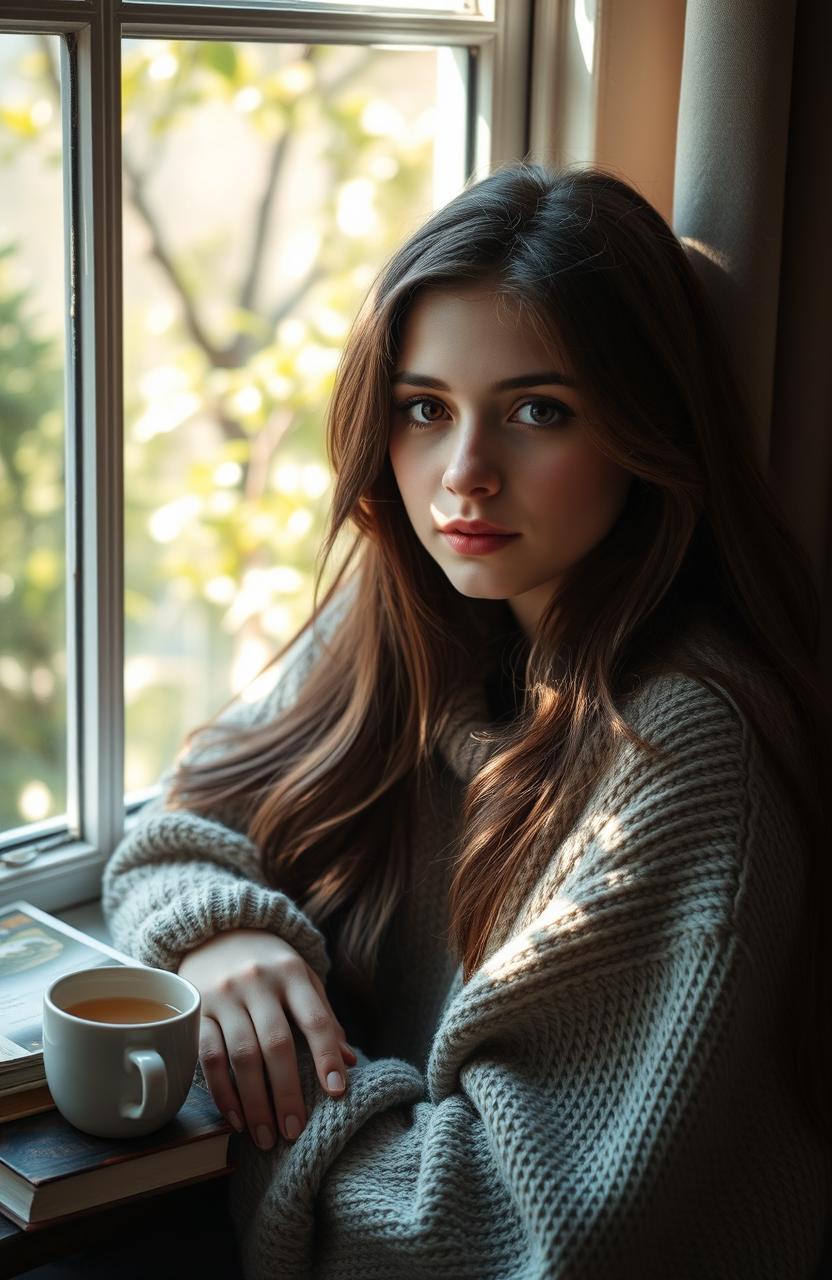 A young woman with an introspective expression, sitting by a window with soft, dappled sunlight casting gentle shadows on her face