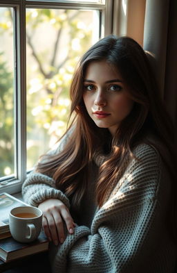 A young woman with an introspective expression, sitting by a window with soft, dappled sunlight casting gentle shadows on her face