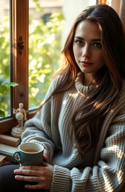 A young woman with an introspective expression, sitting by a window with soft, dappled sunlight casting gentle shadows on her face