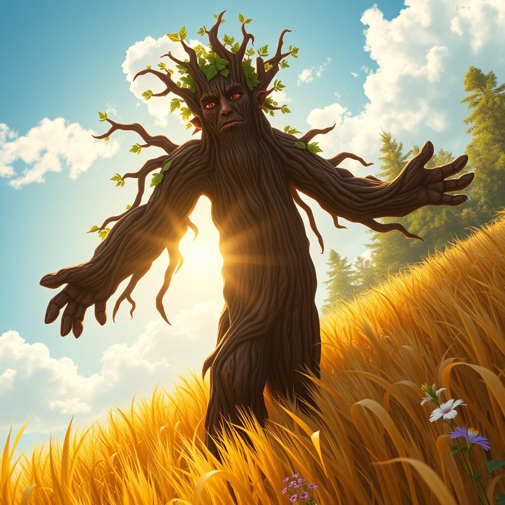 A majestic redwood treefolk, towering high with bark-like skin and leafy hair, gracefully walking through a golden field of wheat that sways gently in the breeze