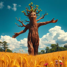 A majestic redwood treefolk, towering high with bark-like skin and leafy hair, gracefully walking through a golden field of wheat that sways gently in the breeze