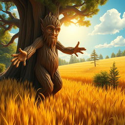 A majestic redwood treefolk, towering high with bark-like skin and leafy hair, gracefully walking through a golden field of wheat that sways gently in the breeze