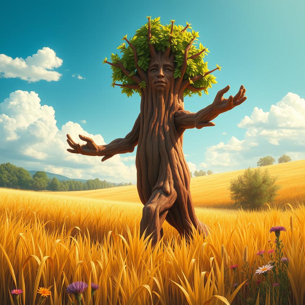 A majestic redwood treefolk, towering high with bark-like skin and leafy hair, gracefully walking through a golden field of wheat that sways gently in the breeze