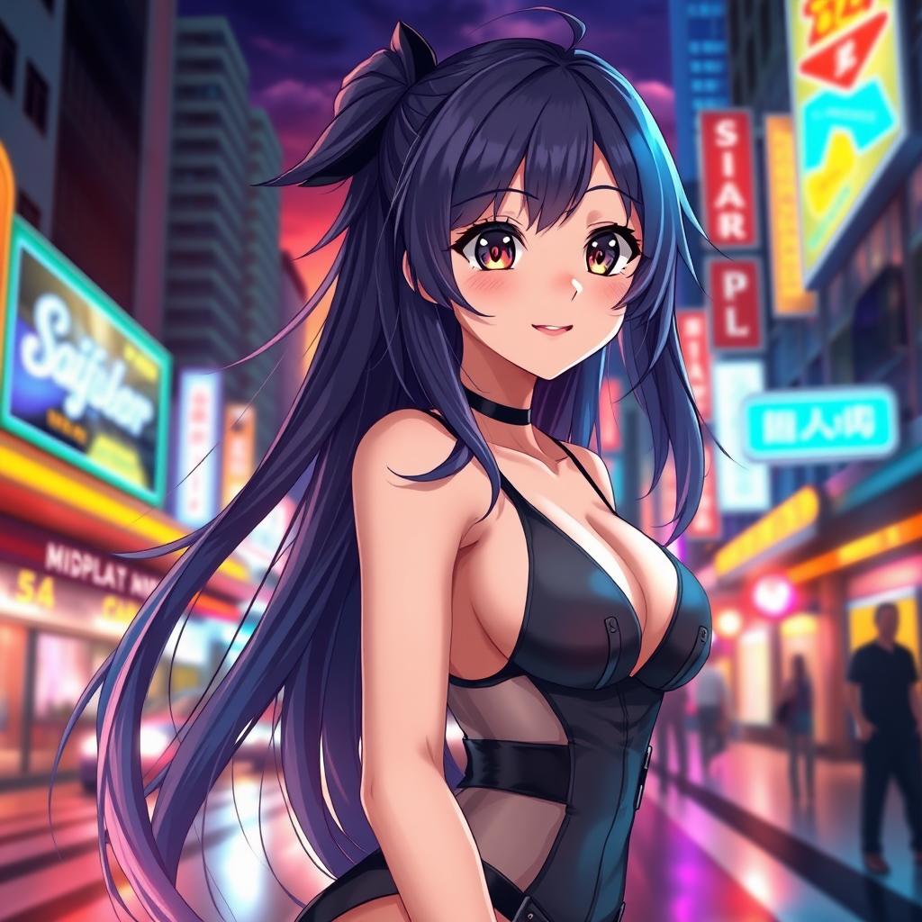 An alluring and beautiful anime-style waifu with long flowing hair, wearing a revealing and stylish outfit