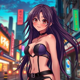 An alluring and beautiful anime-style waifu with long flowing hair, wearing a revealing and stylish outfit