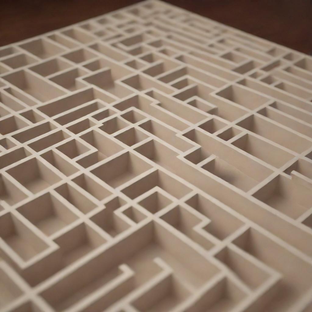 Depict the concept of options in a new light. Imagine a 3D labyrinth with multiple routes leading toward the exit, illustrating the various paths one may potentially take in decision making.