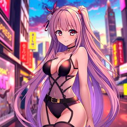 An alluring and beautiful anime-style waifu with long flowing hair, wearing a revealing and stylish outfit