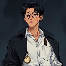 A full-body depiction of a young Asian man with deeper brown skin and straight black hair, wearing round glasses
