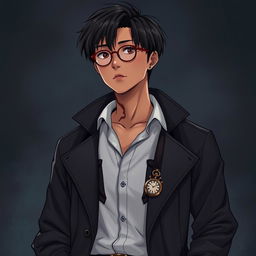 A full-body depiction of a young Asian man with deeper brown skin and straight black hair, wearing round glasses