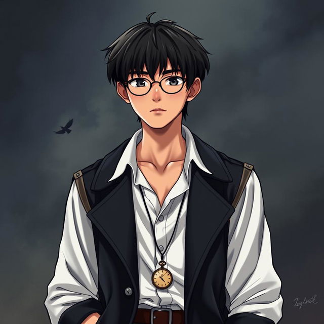 A full-body depiction of a young Asian man with deeper brown skin and straight black hair, wearing round glasses