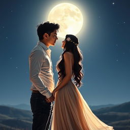 A couple standing face to face under a bright, luminous full moon, creating a romantic and hopeful atmosphere