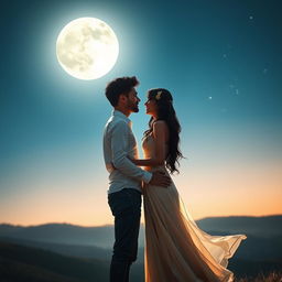 A couple standing face to face under a bright, luminous full moon, creating a romantic and hopeful atmosphere