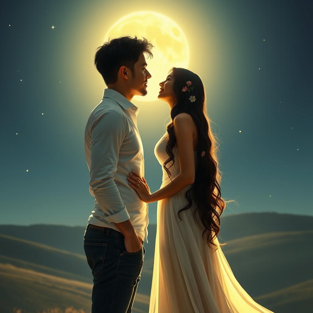 A couple standing face to face under a bright, luminous full moon, creating a romantic and hopeful atmosphere