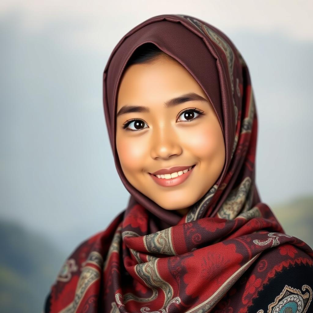 An Indonesian girl wearing a beautifully patterned hijab, posing gracefully with a serene expression