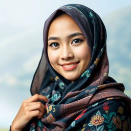 An Indonesian girl wearing a beautifully patterned hijab, posing gracefully with a serene expression