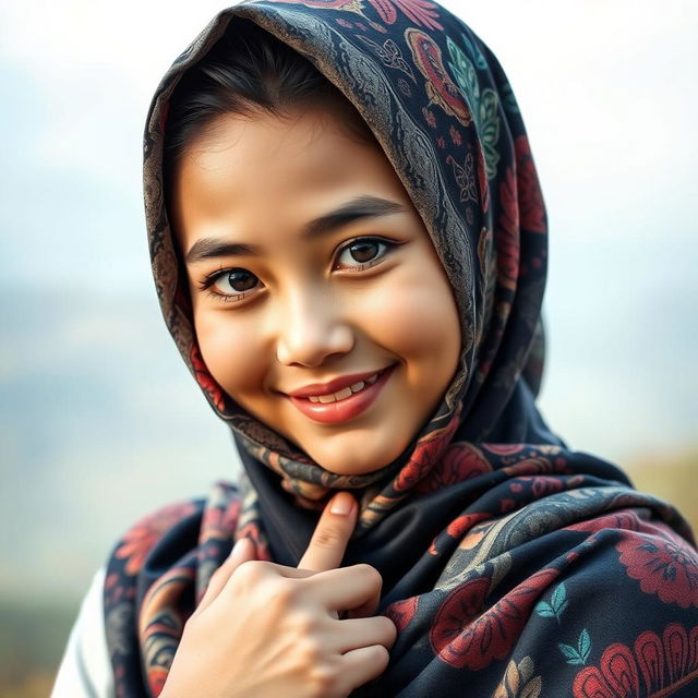 An Indonesian girl wearing a beautifully patterned hijab, posing gracefully with a serene expression